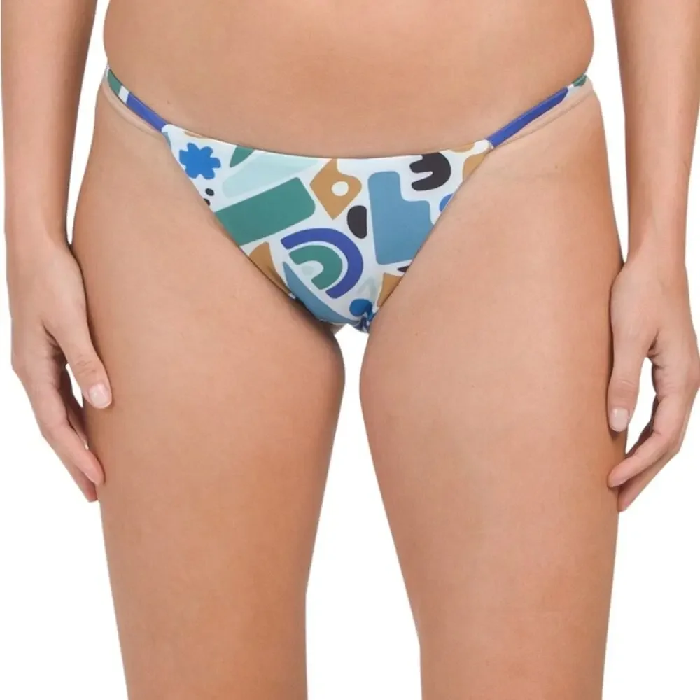 NWT BEACH RIOT Chloe Cheeky String Bikini‎ Bottom Blue Abstract L